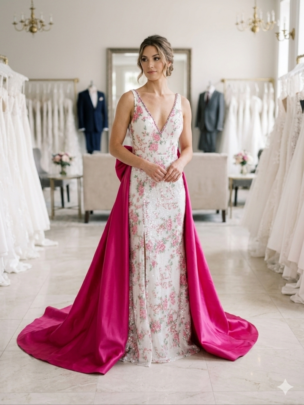 Couture Lee Floral Sequin Gown Size 8 Removable Bow Train NWT